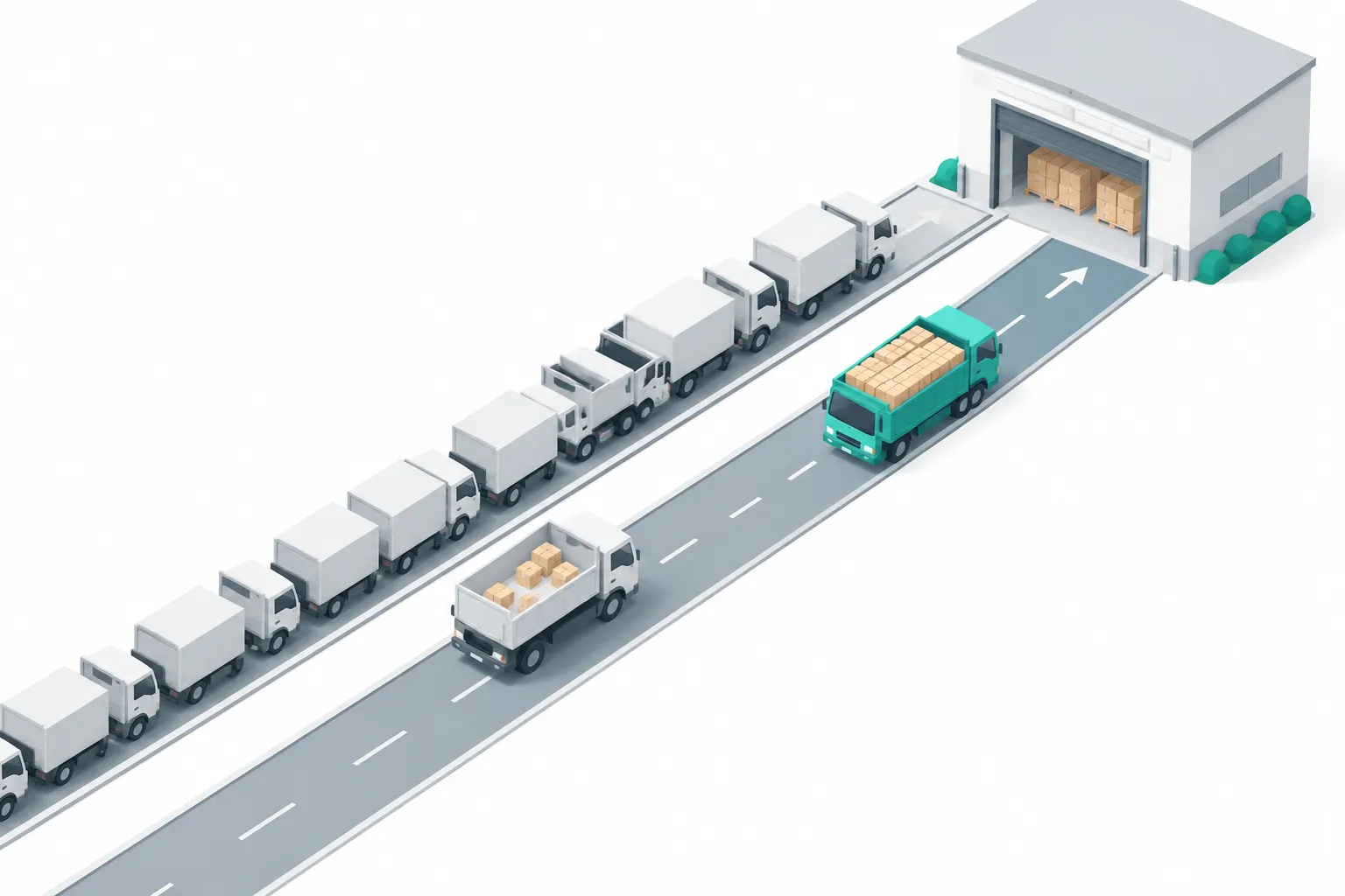 示意插图:两条平行的公路通向同一个仓库。左边路上一辆小货车只装着几个箱子,车斗大半是空的,后面排着一长串一模一样的货车;右边路上一辆青绿色货车装满了码好的箱子,后面没有车排队。